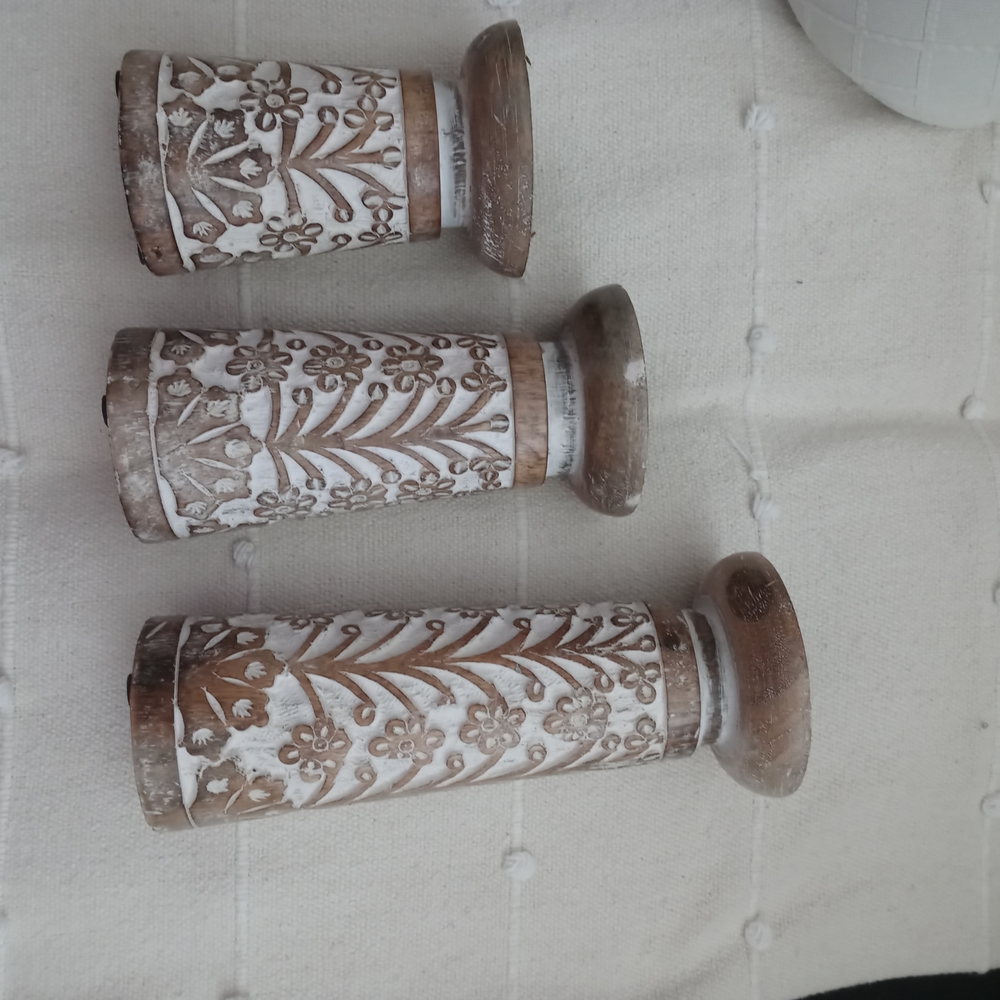 Rustic White and Brown Carved Candle Holders